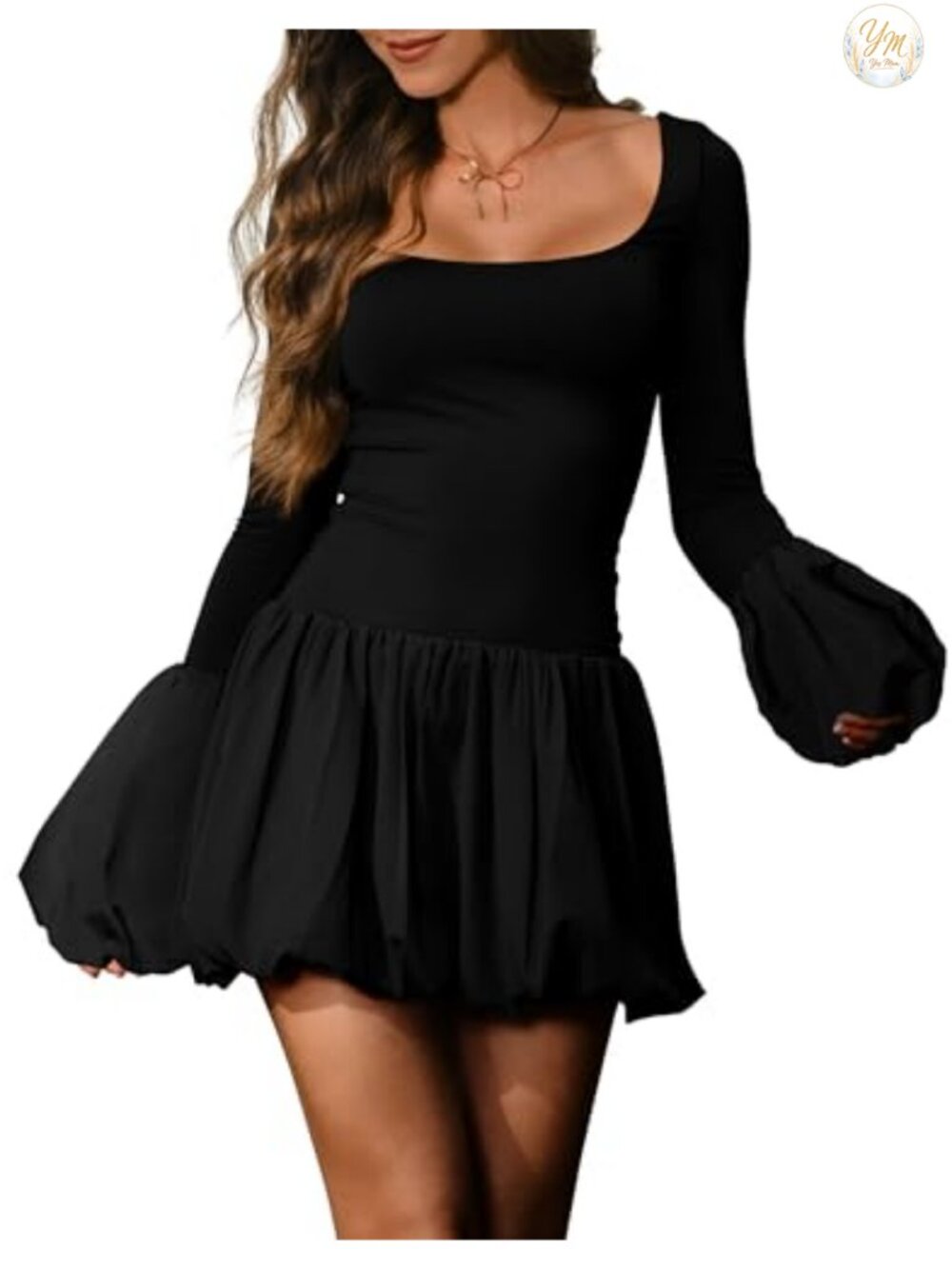 HYPERFIRE Women's Long Sleeve Scoop Neck Bubble Hem Mini Cocktail Dress